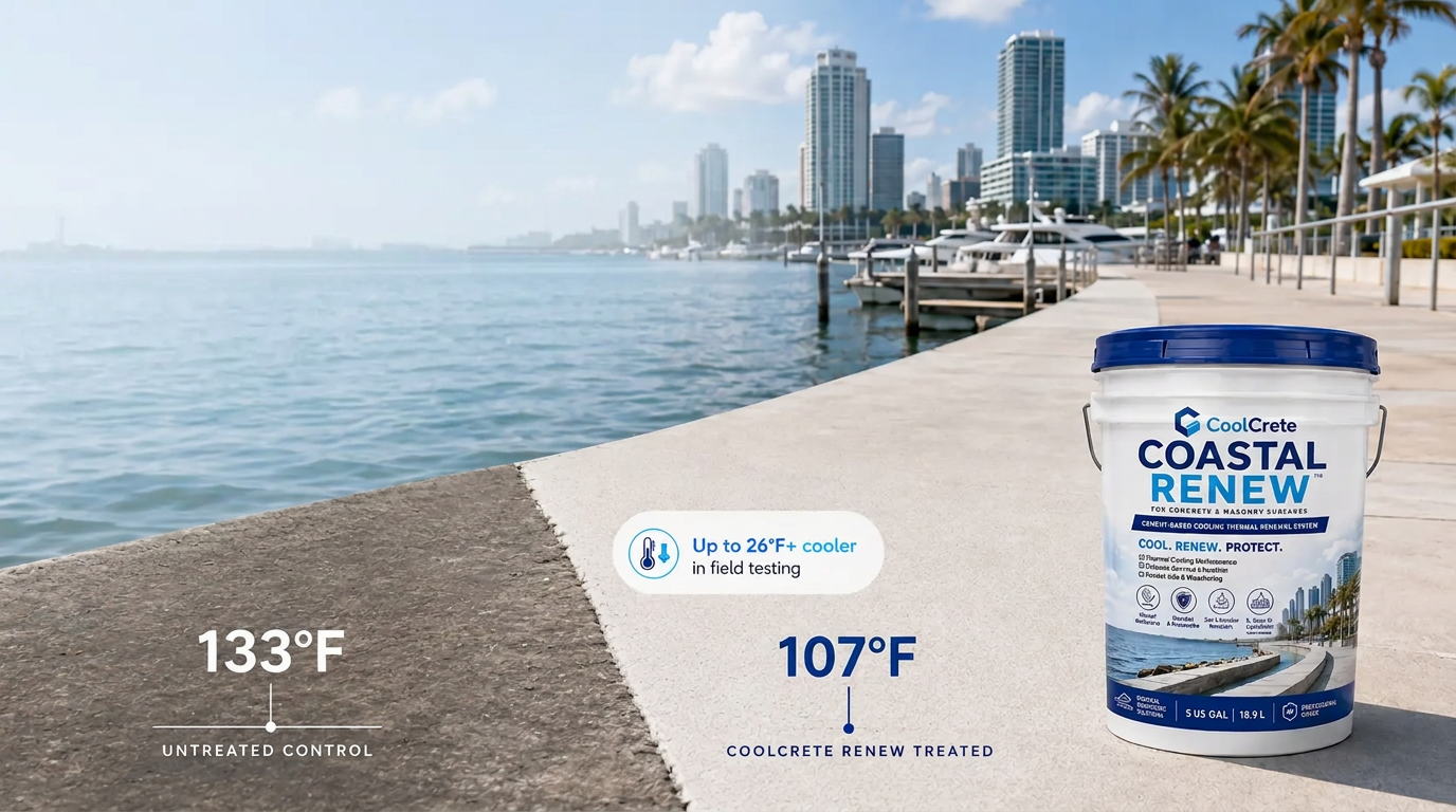 Coastal seawall promenade treated with CoolCrete Coastal RENEW, showing a 133°F untreated control beside a 107°F treated surface and a 5-gallon product pail